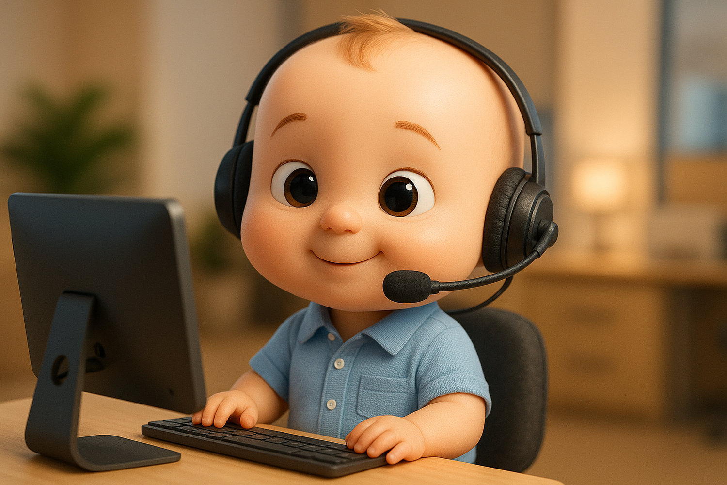 bebe 3d como atencion al cliente con una diadema en la cabeza que tenga microfono 